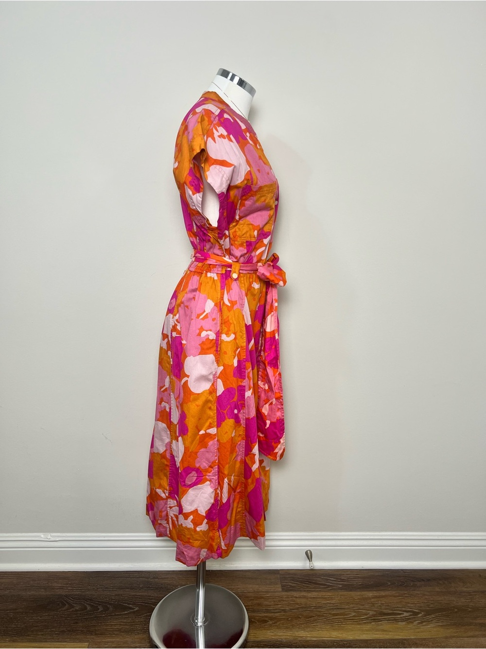 Free Assembly Women's Belted Midi Dress Size L Pink Orange Floral 100% Cotton - Picture 3 of 11